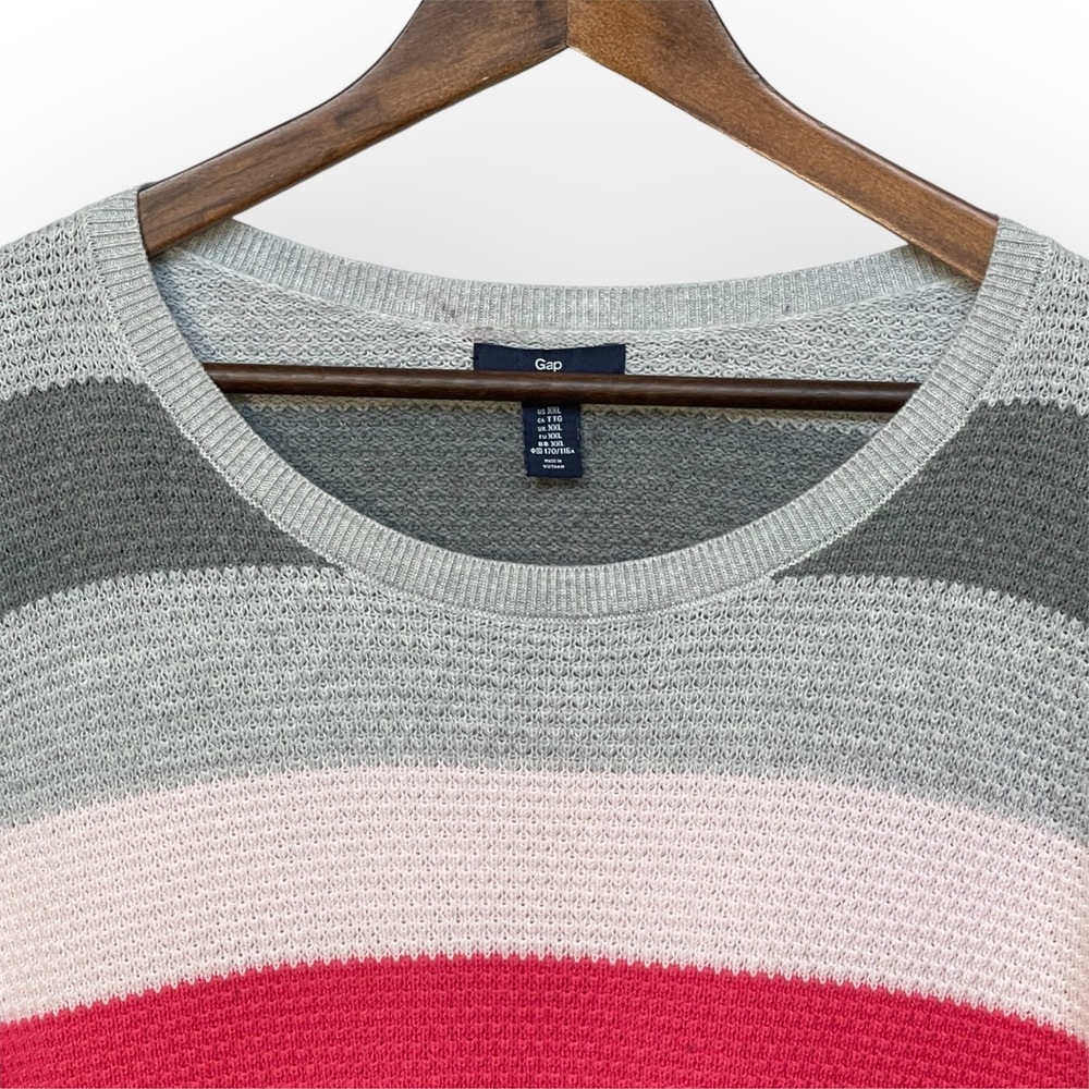 Gap Womens XXL MultiColor Striped Waffle Knit Pullover Sweater Heather Grey Pink - Picture 4 of 11